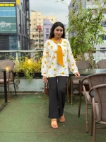 White Sunflower Print Shirt with Yellow Tie Scarf - Image 2